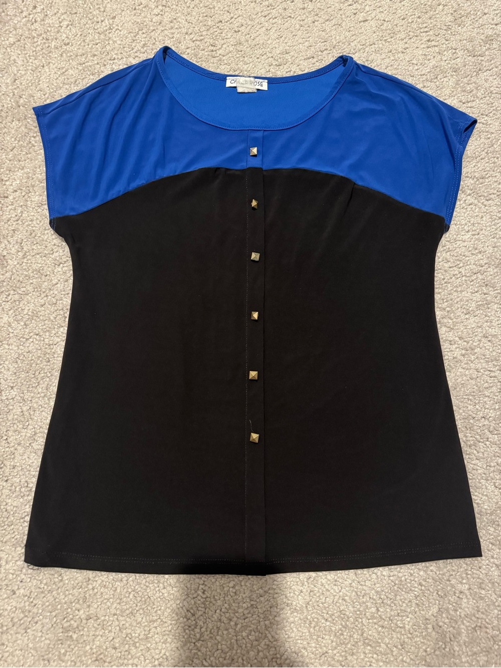 Carol Rose Blue and Black Short Sleeve Stud-Front Tee